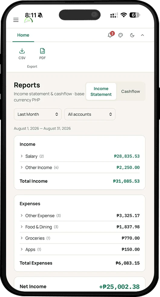 Income statement report on a phone