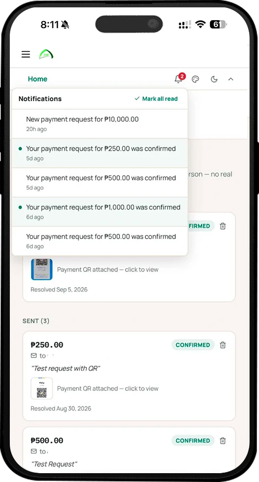 Payment request notifications and confirmed payments