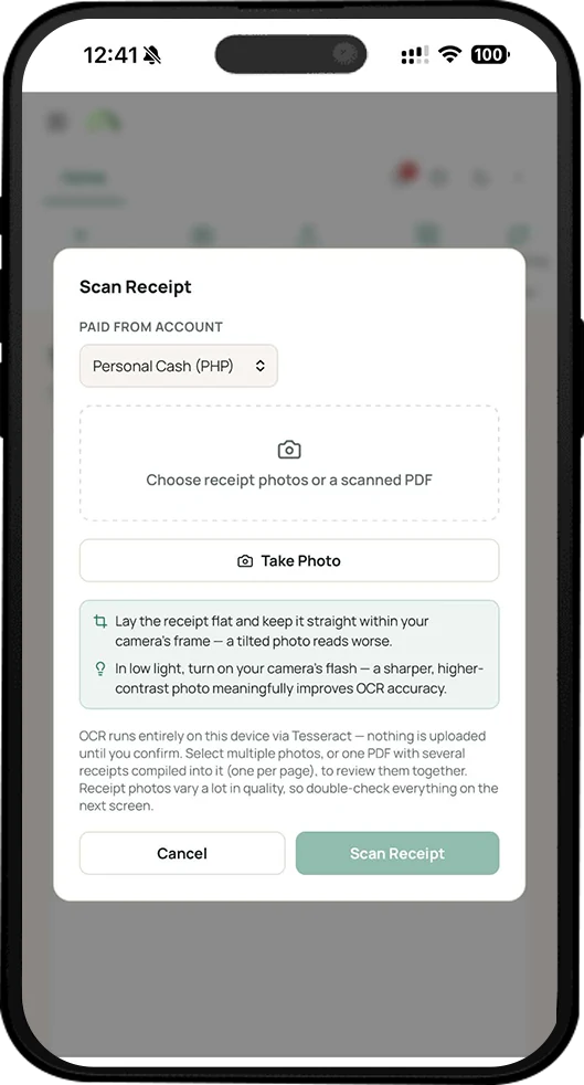 Scanning a receipt in Accountryx Fin on a phone