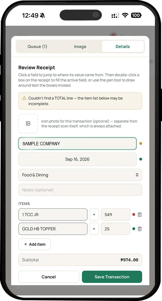 Reviewing a scanned receipt with itemized lines