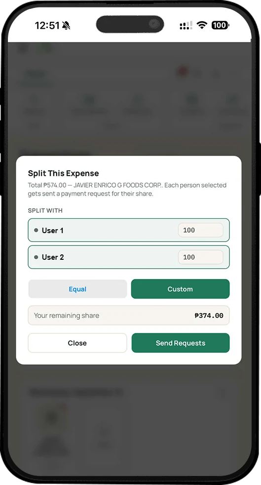 Splitting an expense with custom amounts