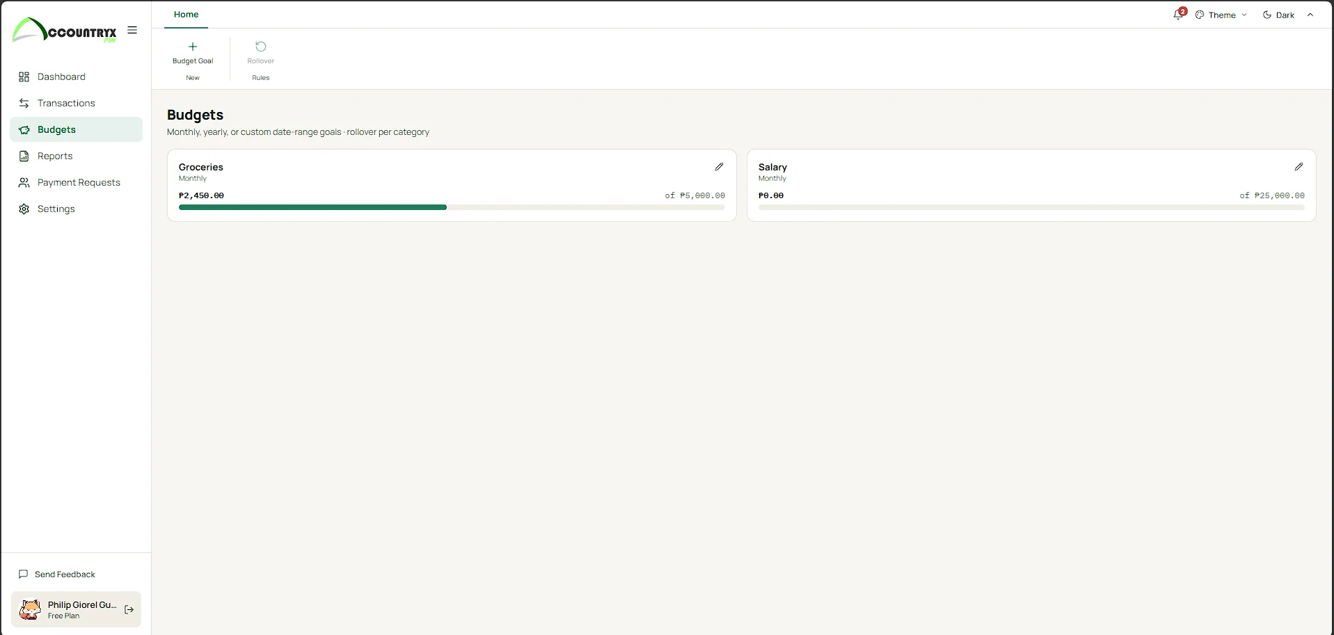 Accountryx Fin budgets and savings goals with progress bars