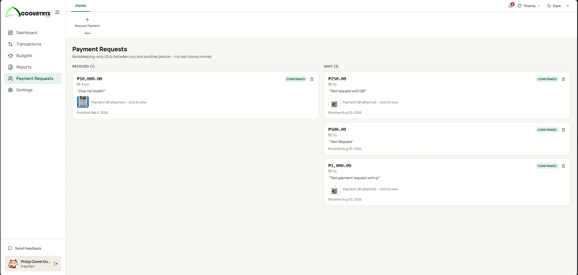 Accountryx Fin payment requests