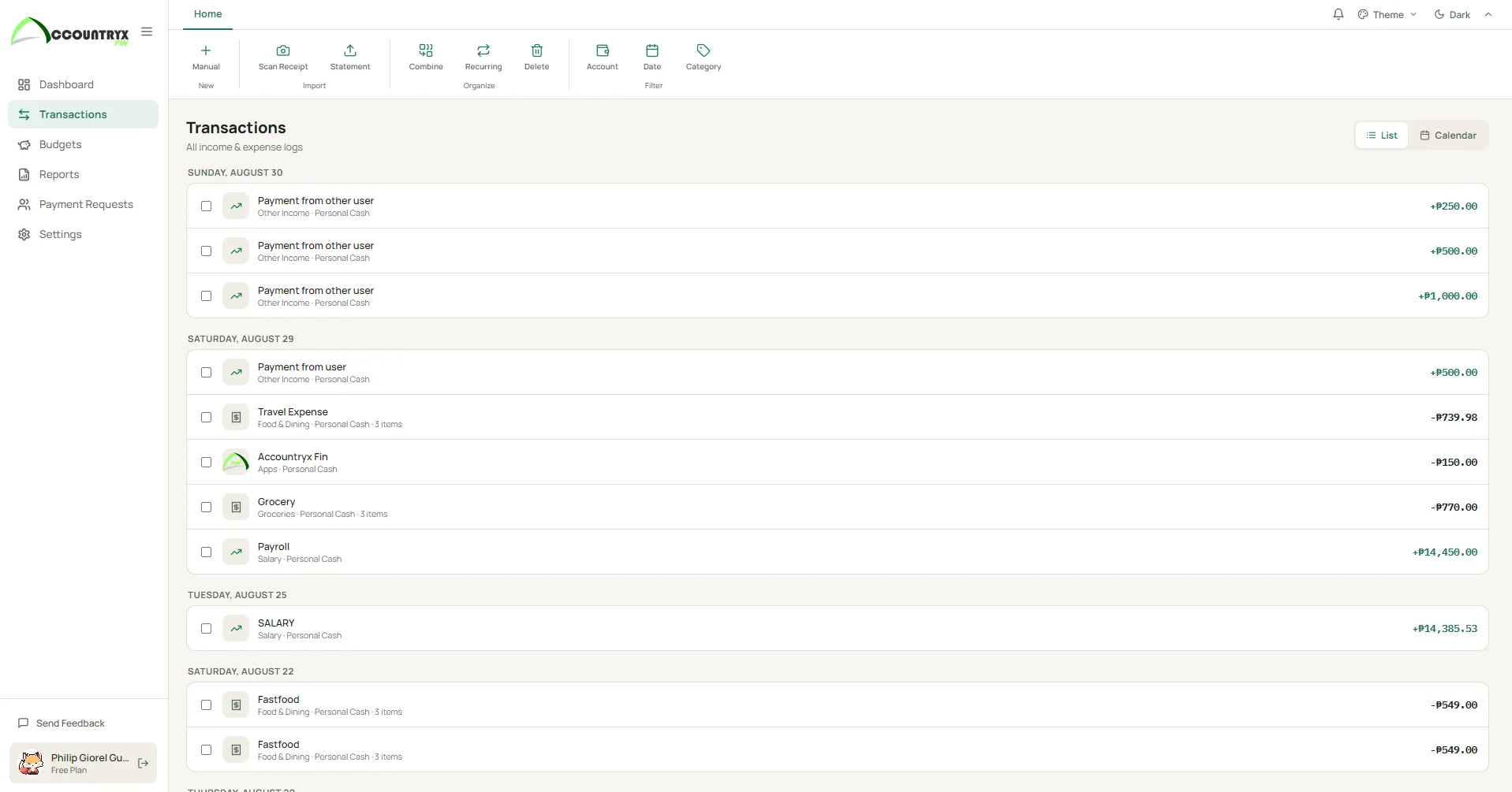 Accountryx Fin transactions list