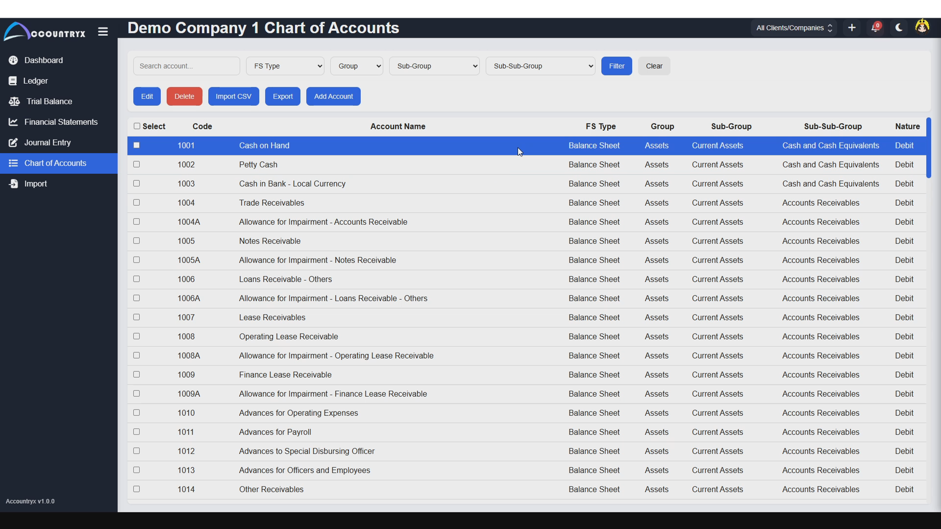 Accountryx chart of accounts page