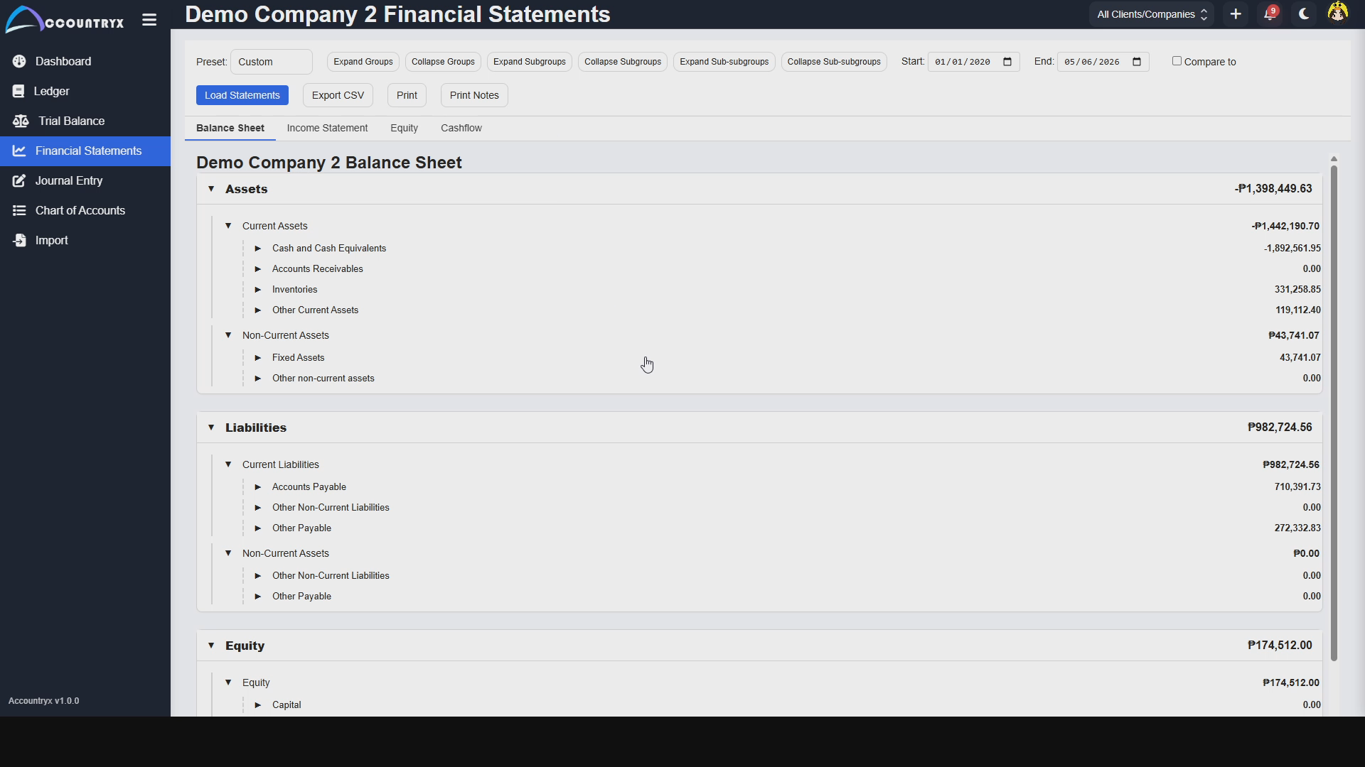 Accountryx Desktop balance sheet