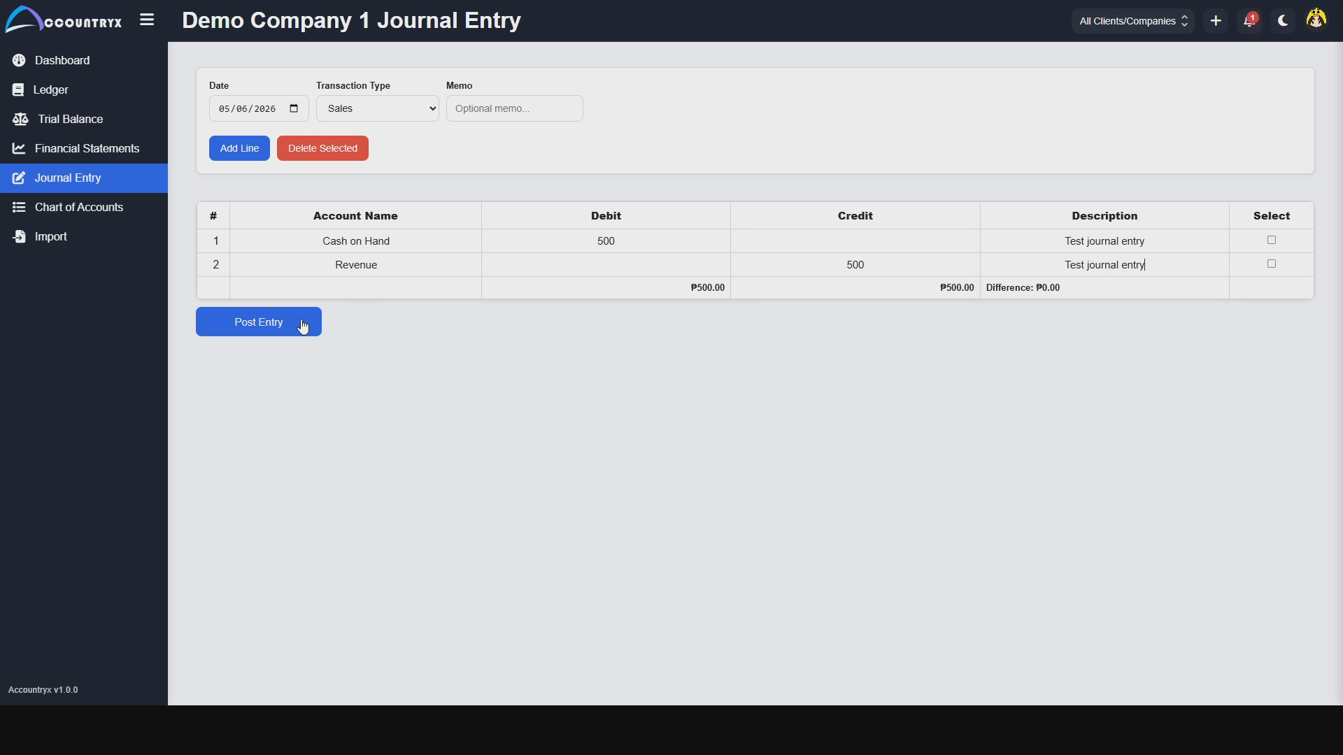Accountryx journal entry page