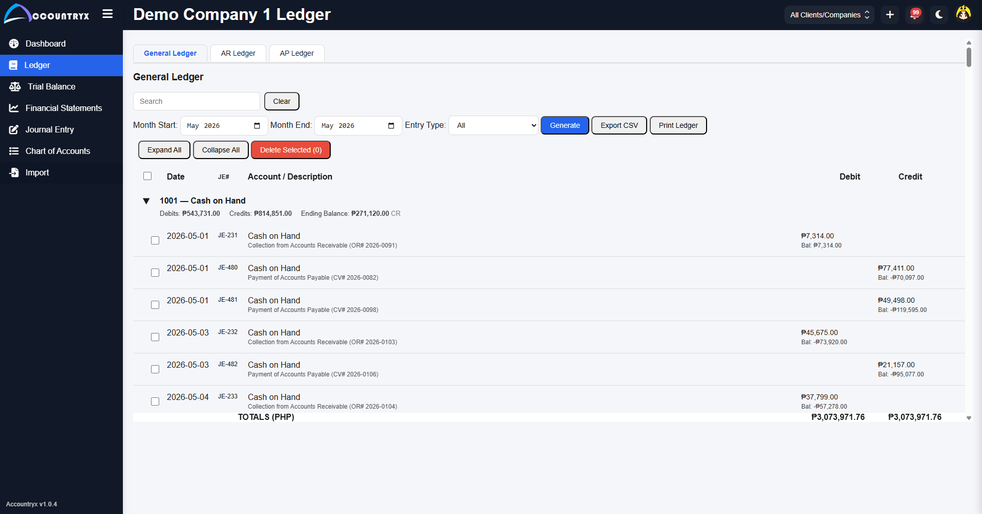 Accountryx general ledger page