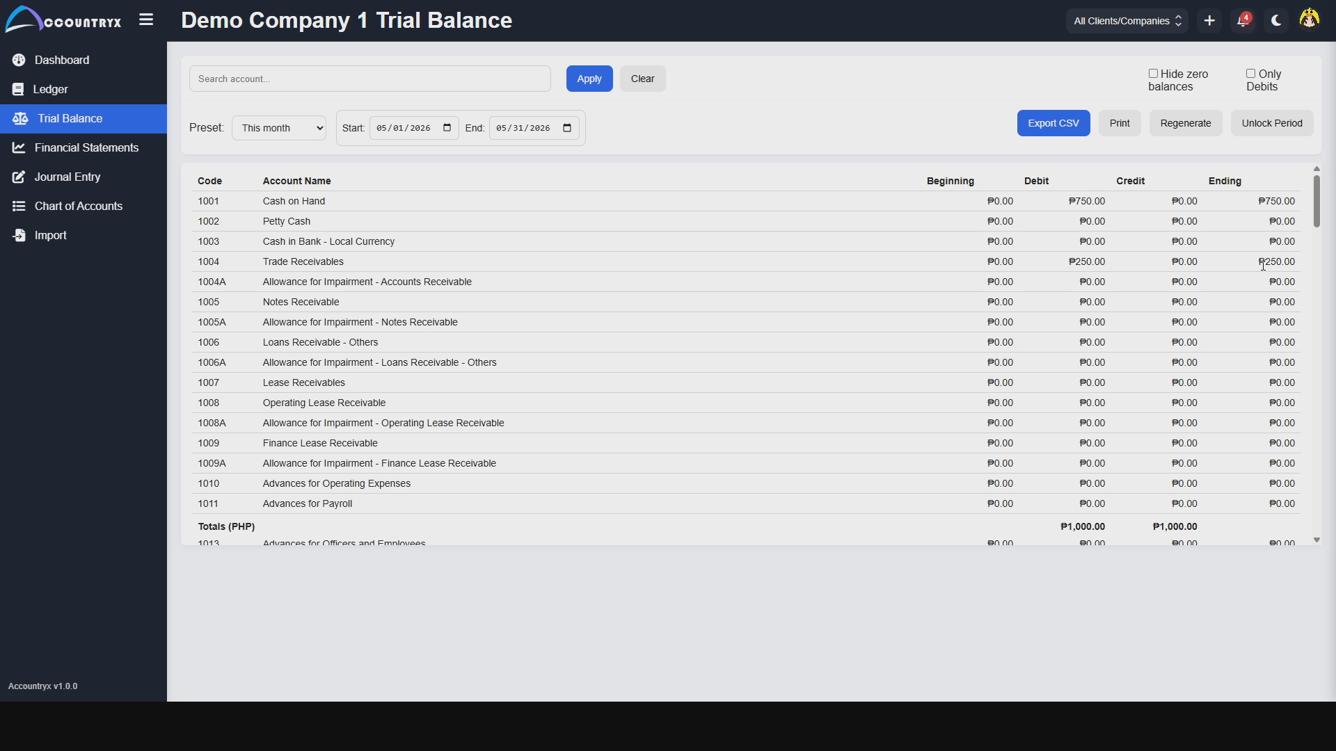 Accountryx trial balance page
